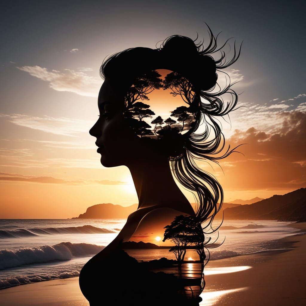 Goddess Silhouette Merged with Sunset Coast: Double Exposure