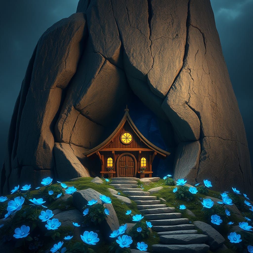 Mystical House Inside Stone Monolith with Glowing Flowers