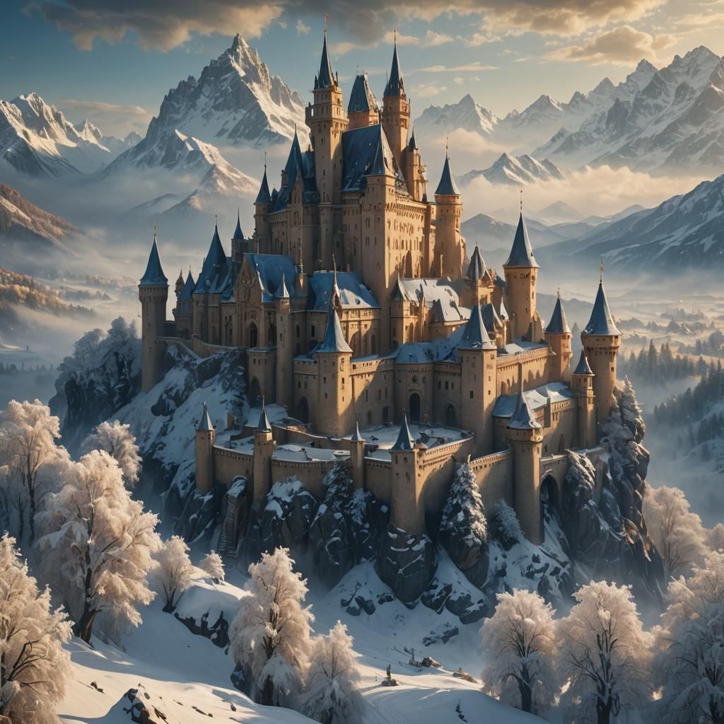 Epic Snow-Covered Castle in a Golden Light