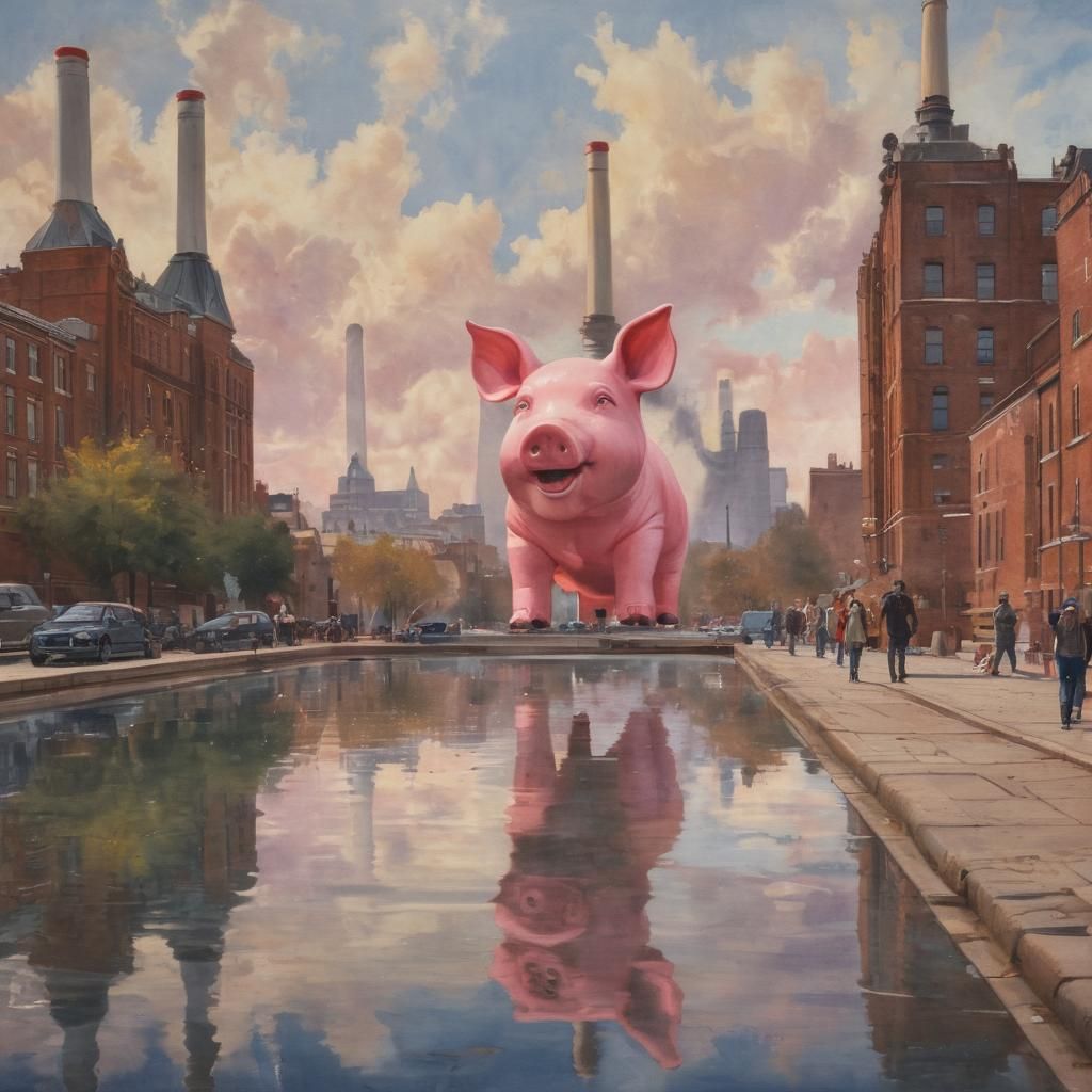 Battersea Power Station with Pink Floyd Pig in Watercolor