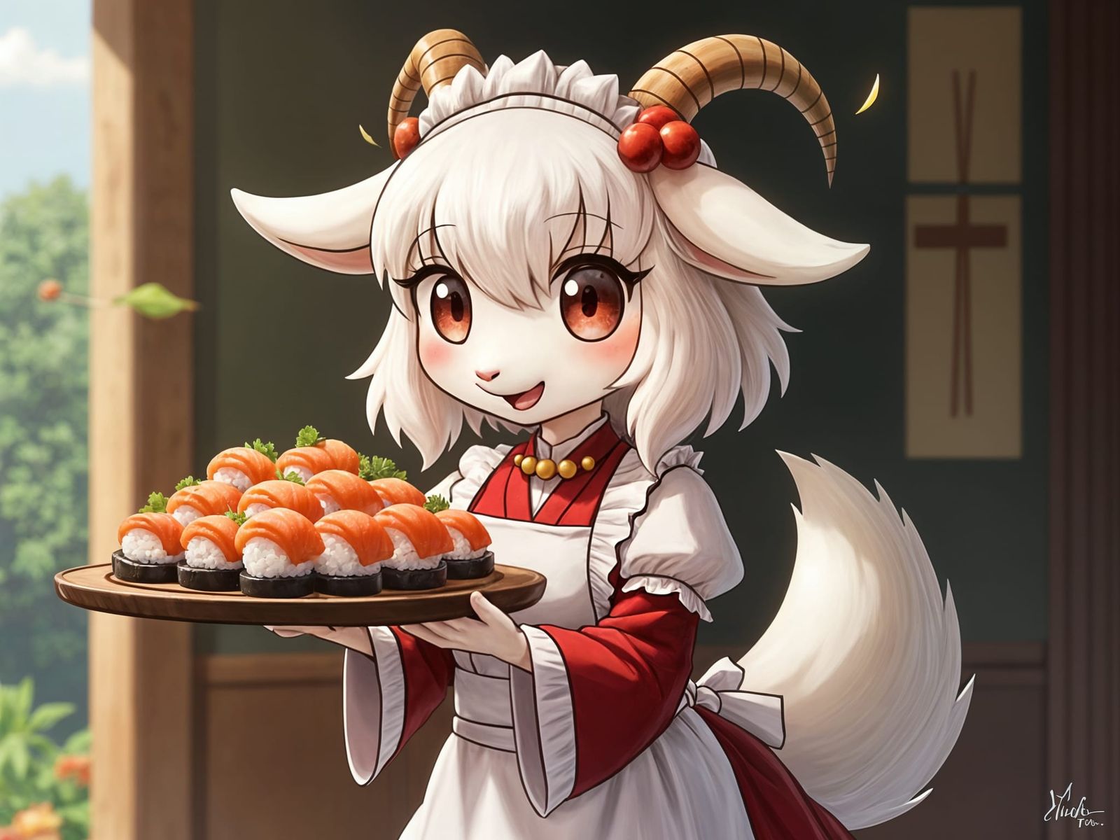 Gothic Anime Maid Serves Sushi in Elegant Setting
