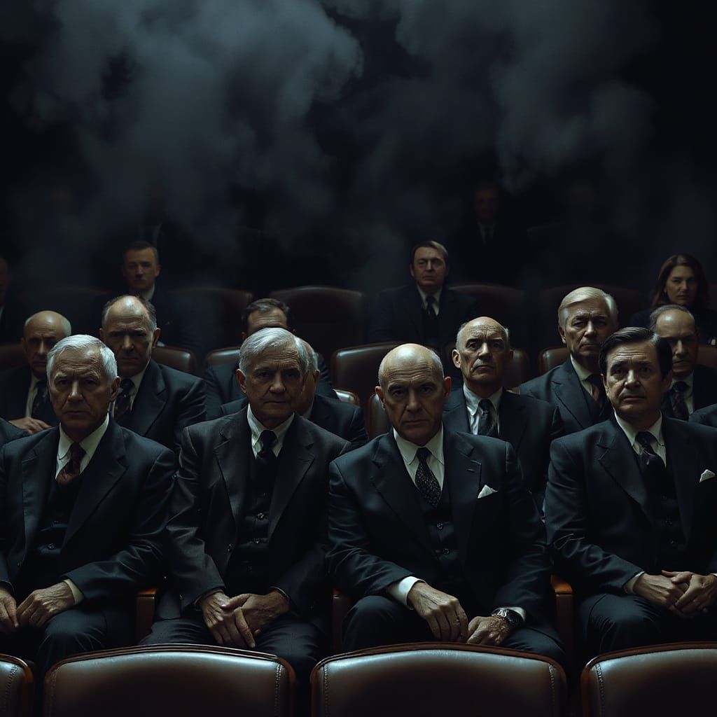 Stern Figures in Dark Suits in Dramatic Chiaroscuro Lighting