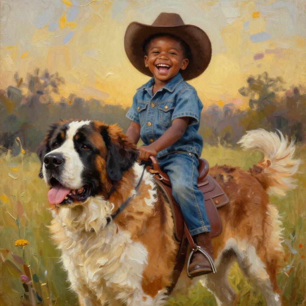 Child Rides St. Bernard in Golden Hour Oil Painting