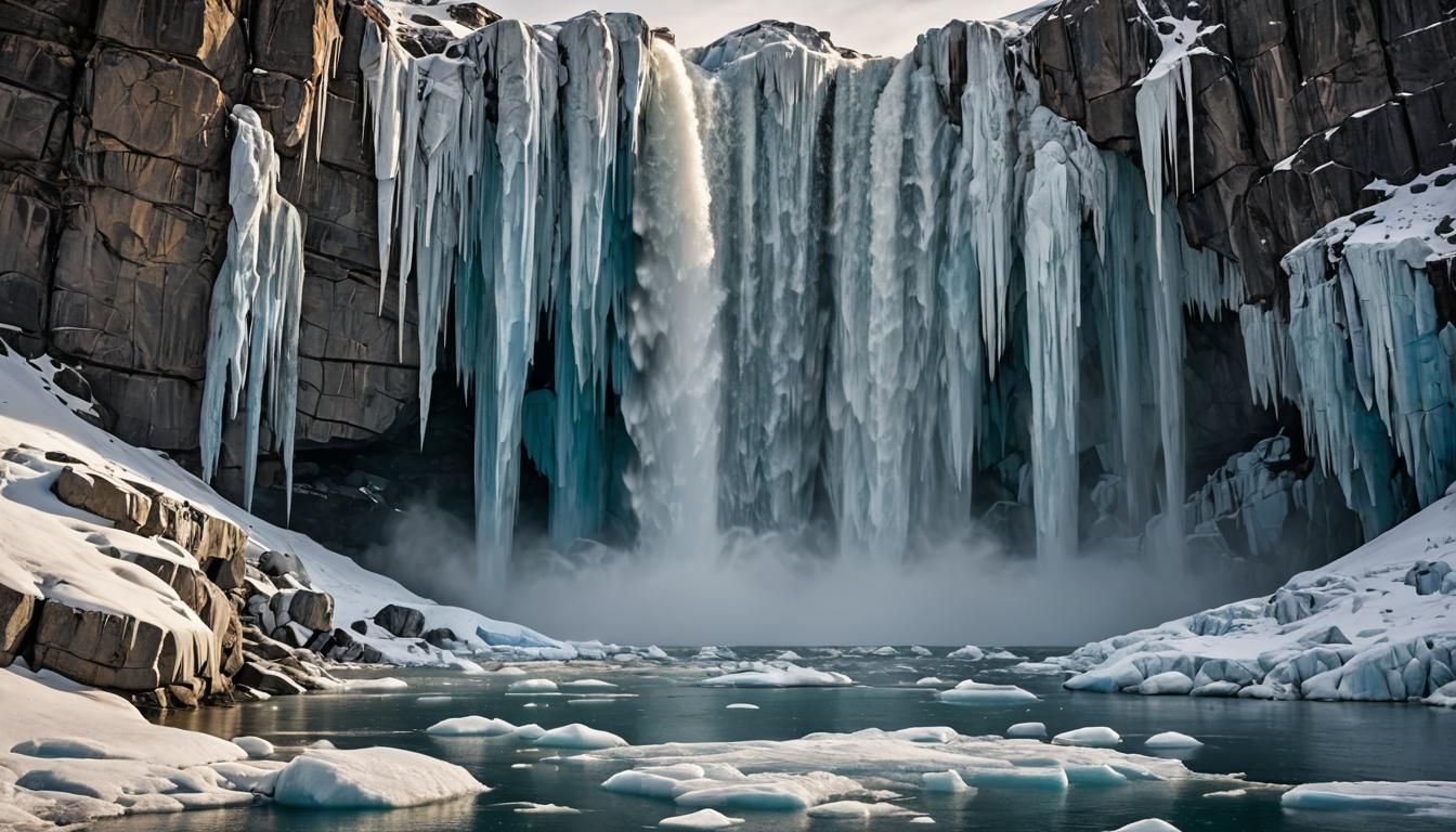 Frozen Arctic Waterfall with Glaciers