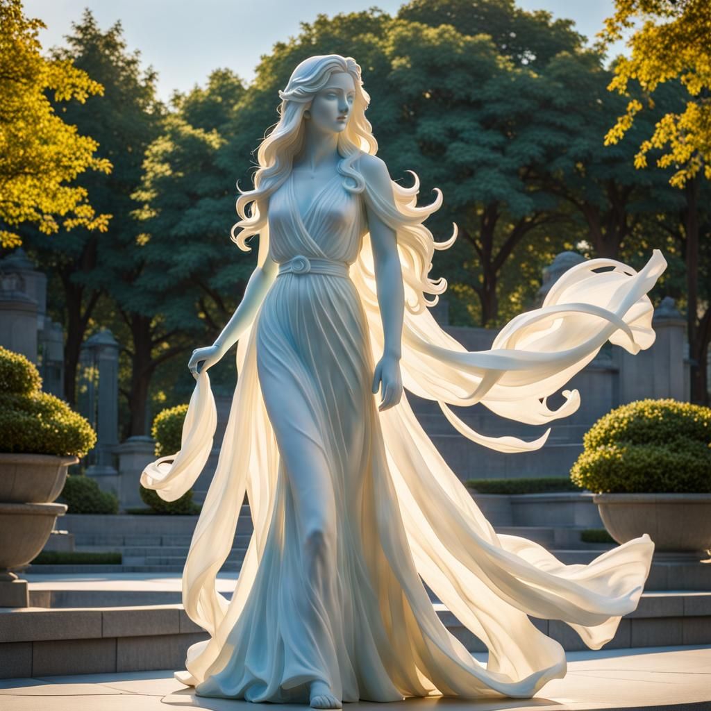 Modern Alabaster Statue of Joyful Woman in Park