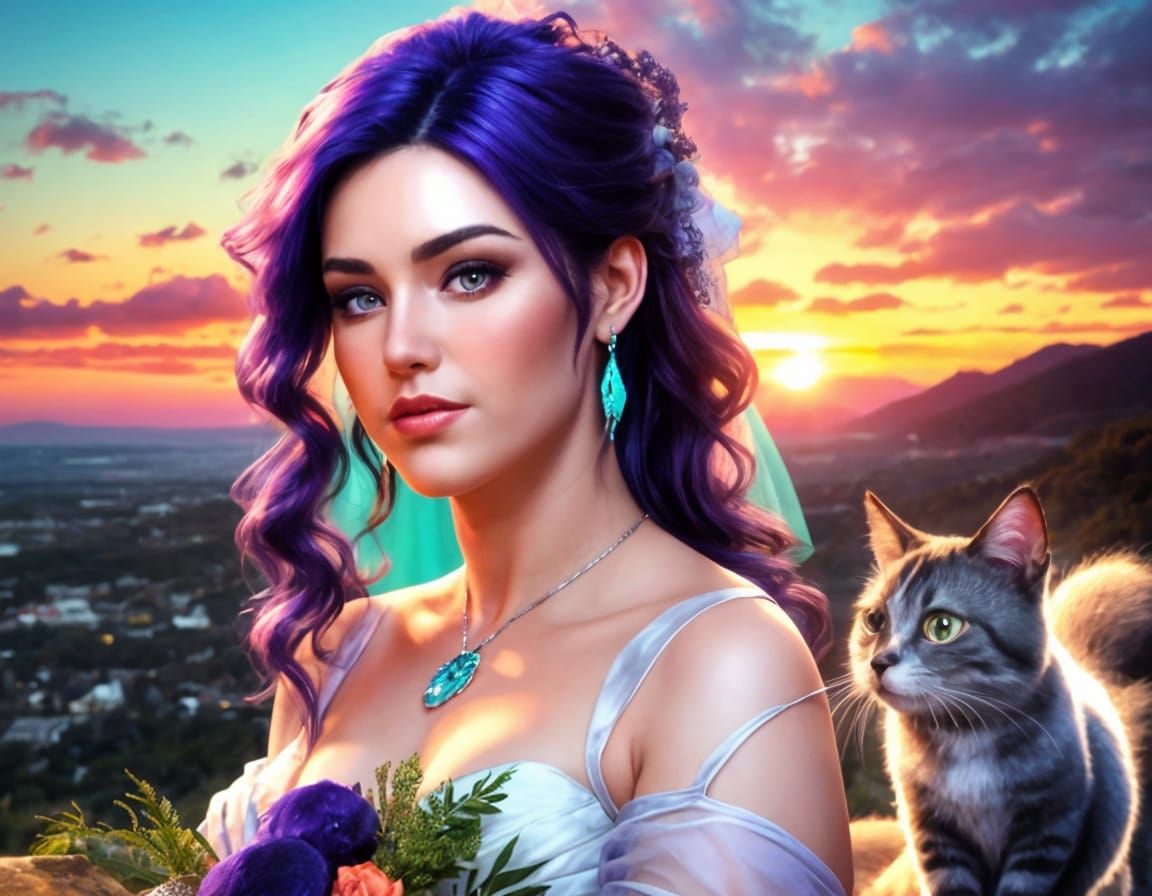 Glamorous Bride Surrounded by Vibrant Sunset and Adorable Fe...