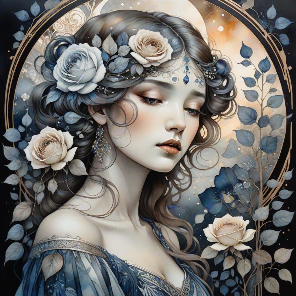 Melancholic Dreamer in Surreal Garden: Art Nouveau Portrait