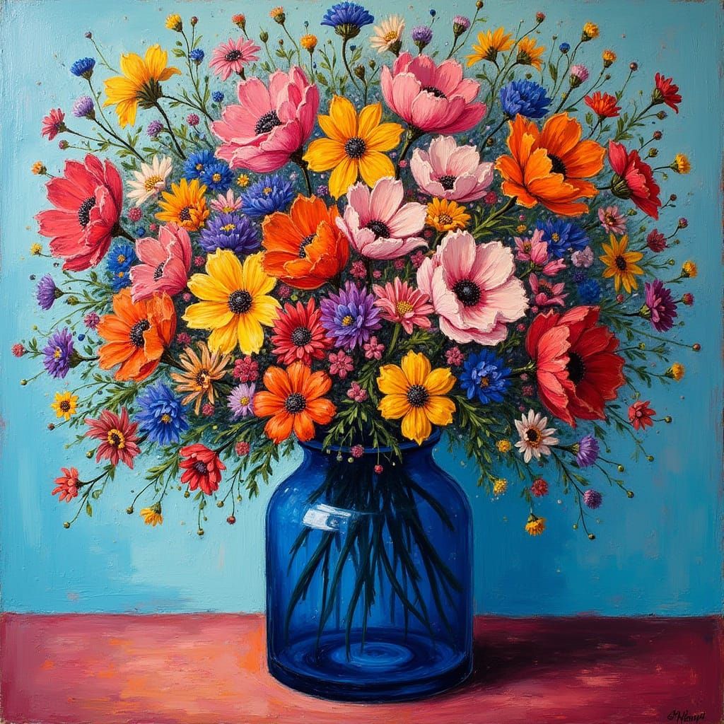 Vibrant Bouquet in Cobalt Jar: Impasto Acrylic Painting