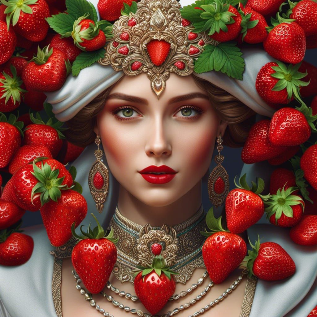 Regal Woman Adorned with Strawberries: Detailed 8k Image