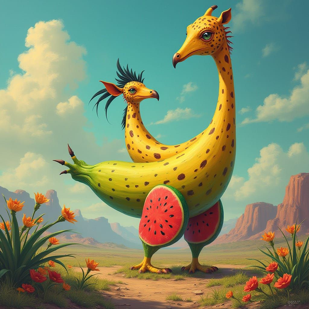 Vibrant Fantastical Creature with Banana Neck, Watermelon Bu...