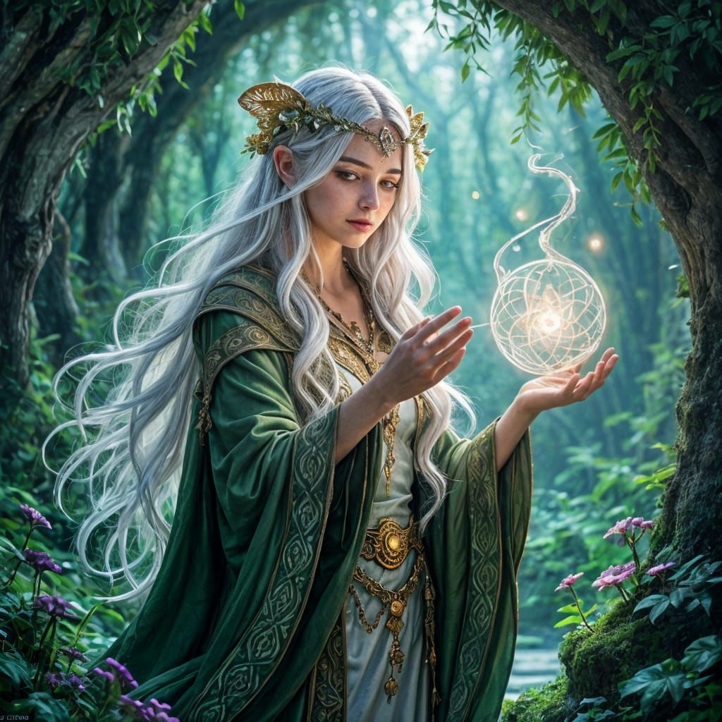 Enchanting Elven Sorceress in Art Nouveau Style
