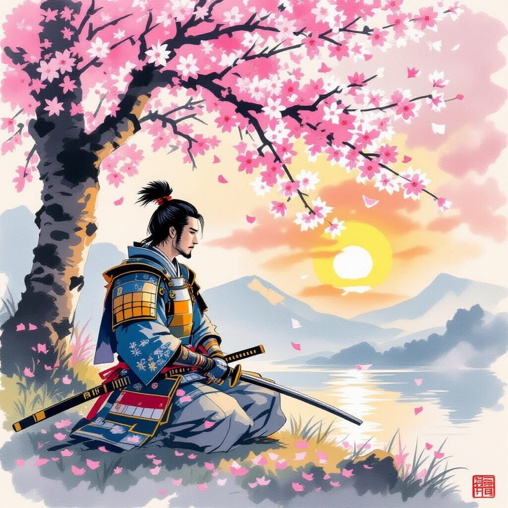 Samurai Meditating Under Cherry Blossoms at Sunset