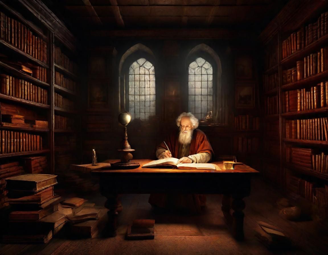 Scholar Surrounded by Ancient Books, Rembrandt Style
