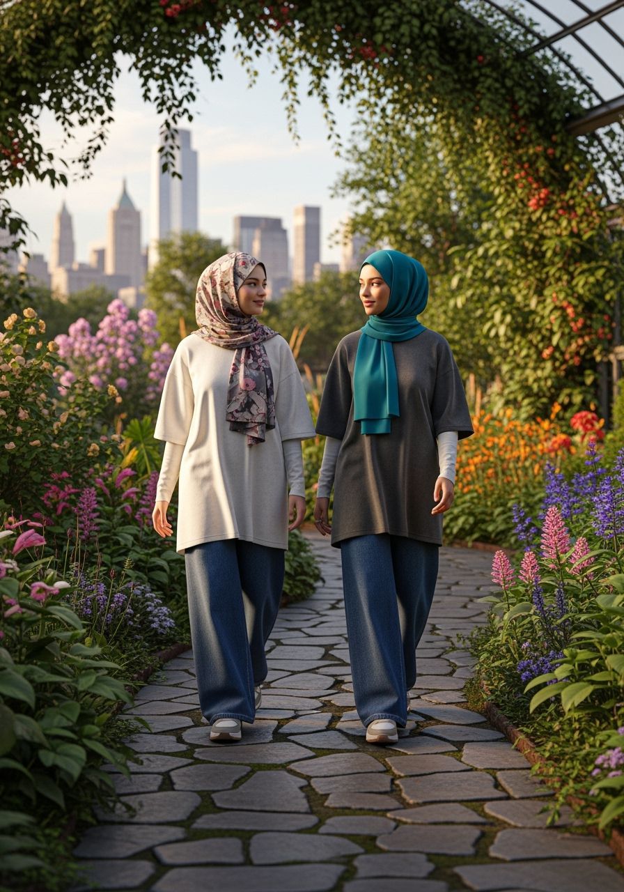 Hijabi Women Explore Botanic Garden: Digital Art
