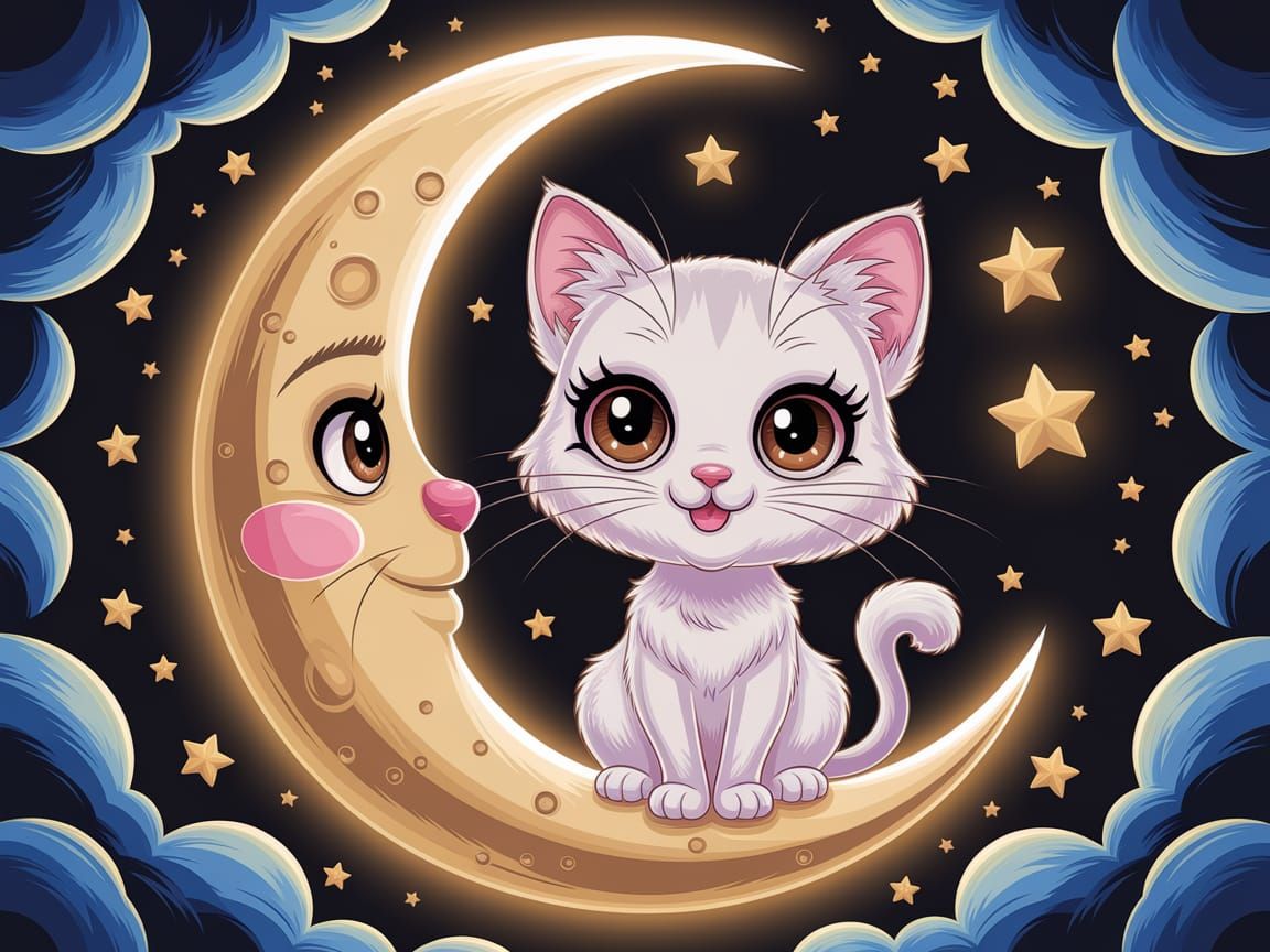 Cute Cat on the Moon in Kawaii Anime Style