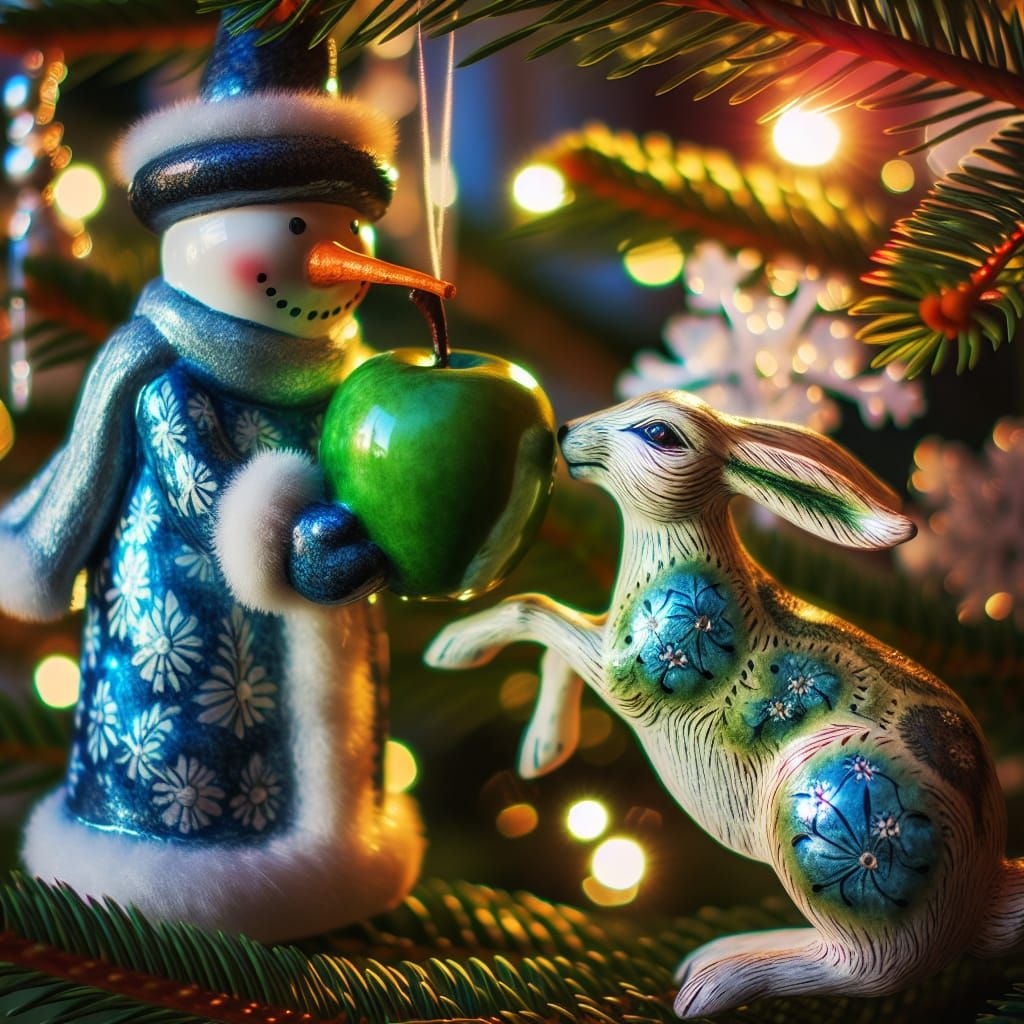 Vibrant Christmas Tree Decorations in Whimsical Winter Scene
