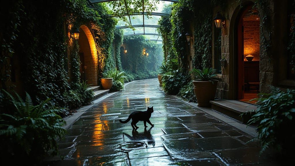 Lush Stone Path with Climbing Plants and Ambient Lighting