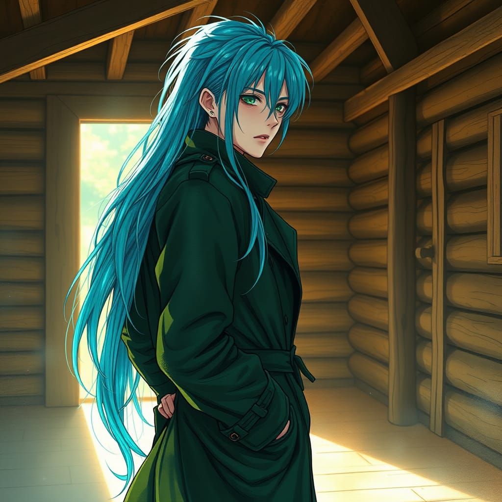 Pensive Man with Neon Hair in Manga Style