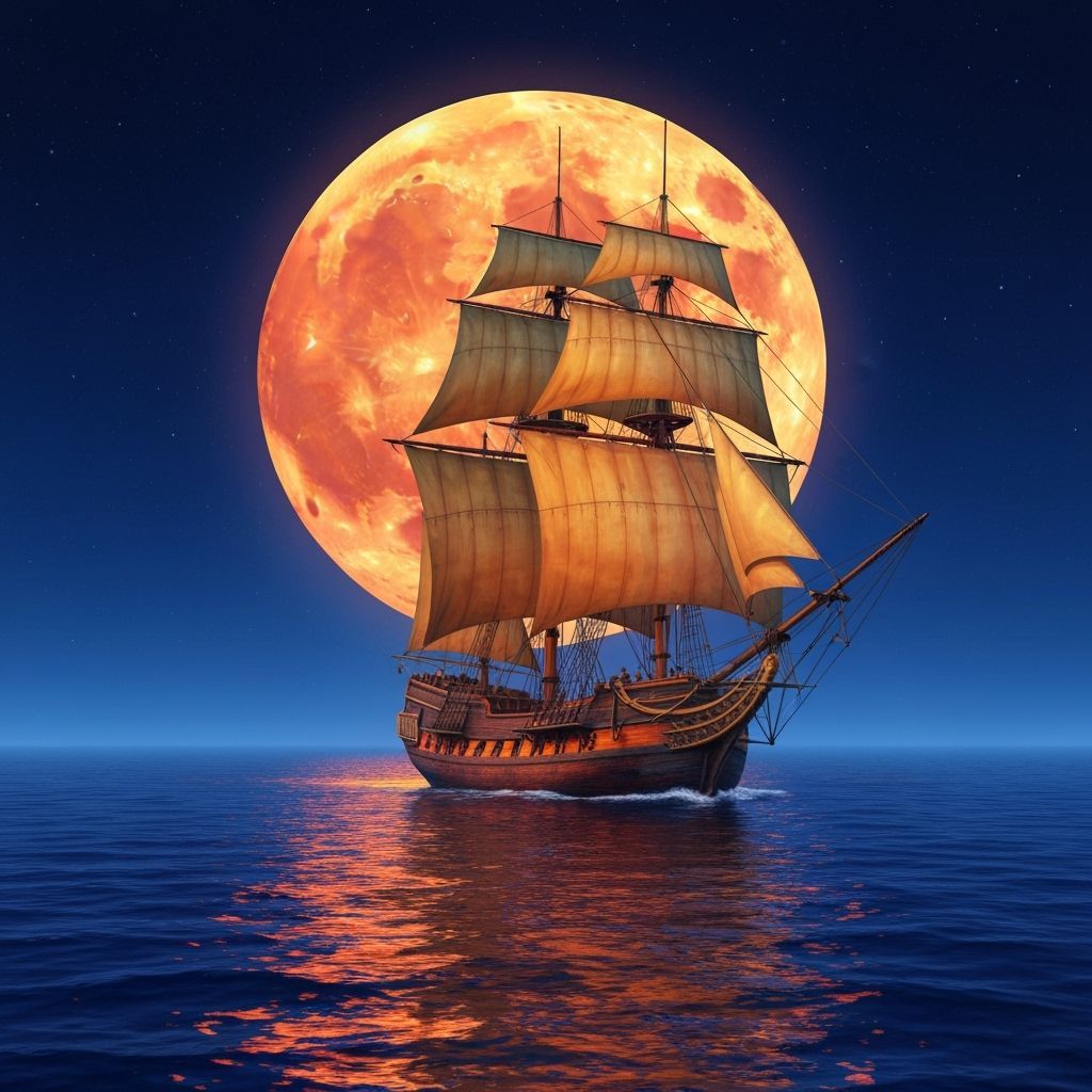 Majestic Sailing Ship Under Starry Sky and Luminous Moon