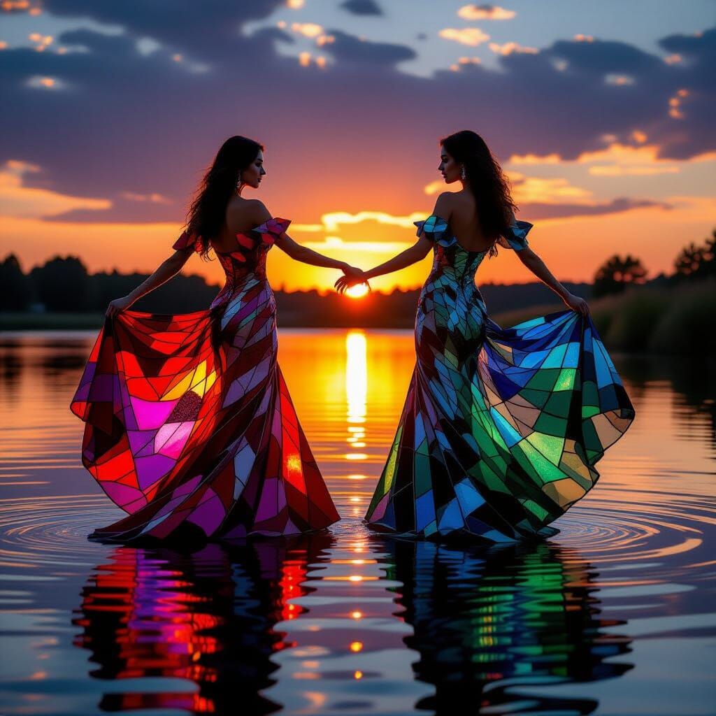 Women Dancing in Shimmering Stained Glass Gowns at Sunset