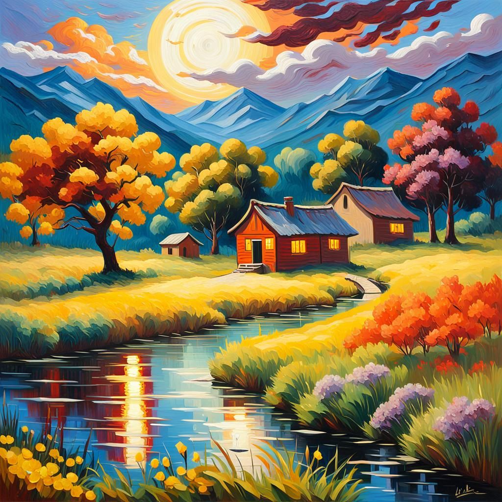 Glowing Moon over River in Post-Impressionist Style