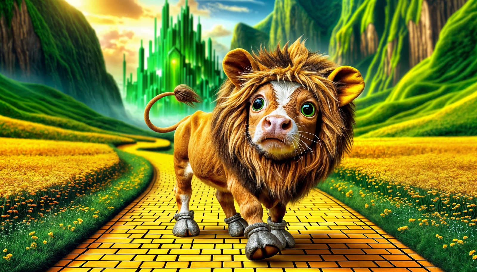 Playful Cow Lion in Whimsical Cartoon Landscape