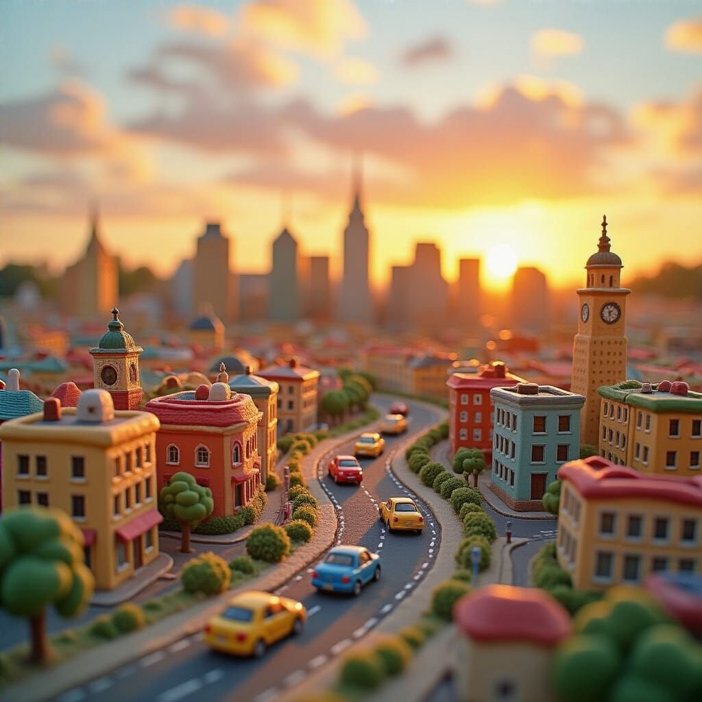Miniature Clay City at Sunset in Digital Realism