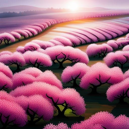 Hyperrealistic Cherry Blossom Field in Aerial Perspective