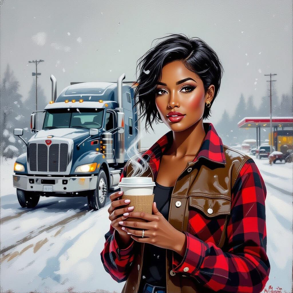 Impressionistic Oil Painting of Woman at Truck Stop