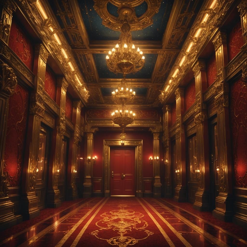 The Gold Elevator at the End of Red Hallway