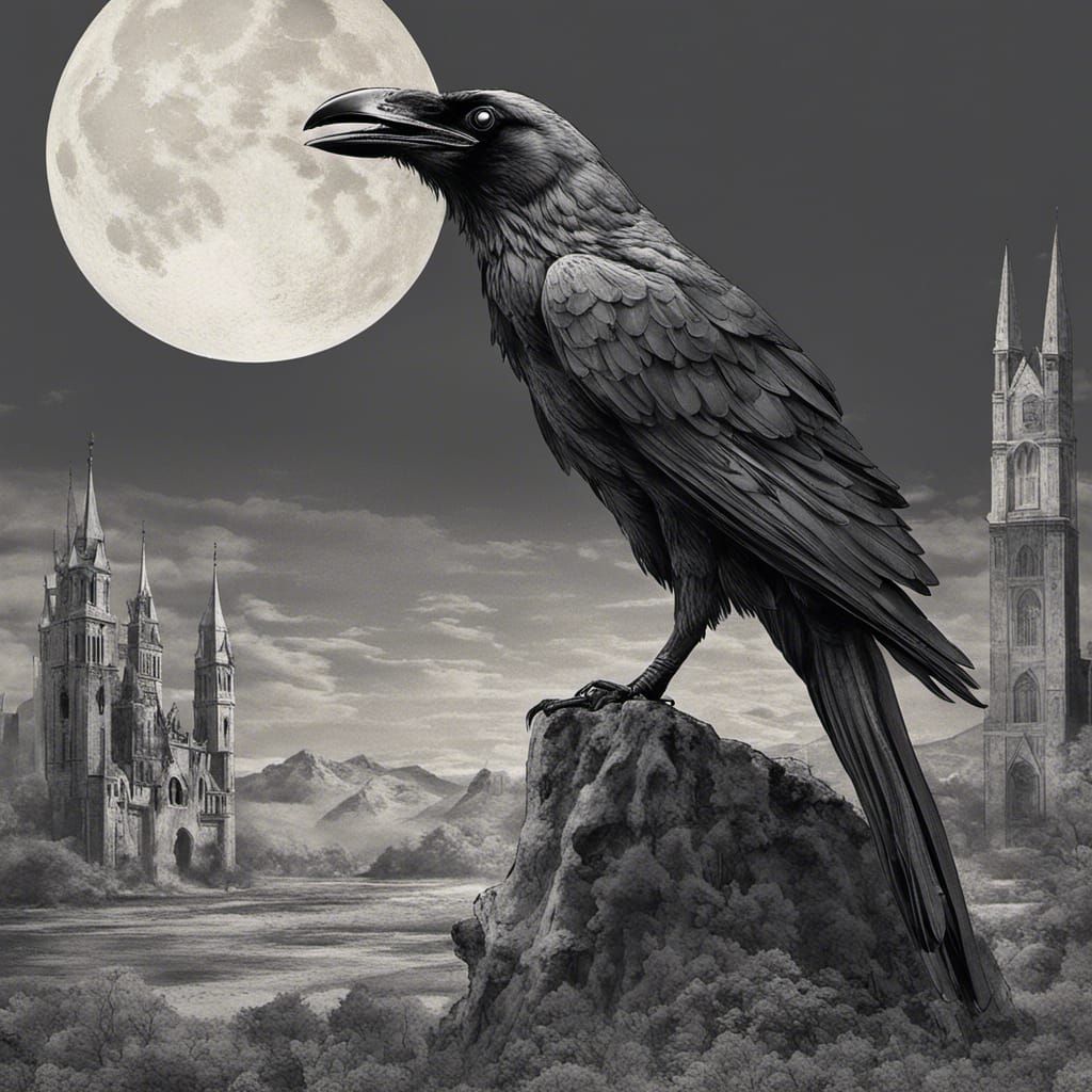 Raven on Grave Under Full Moon: Horror Poster
