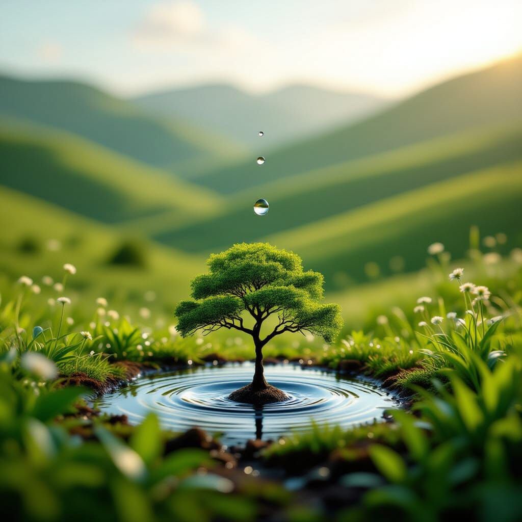 Perfect Water Droplet Falls Above Lush Green Tree in Nature