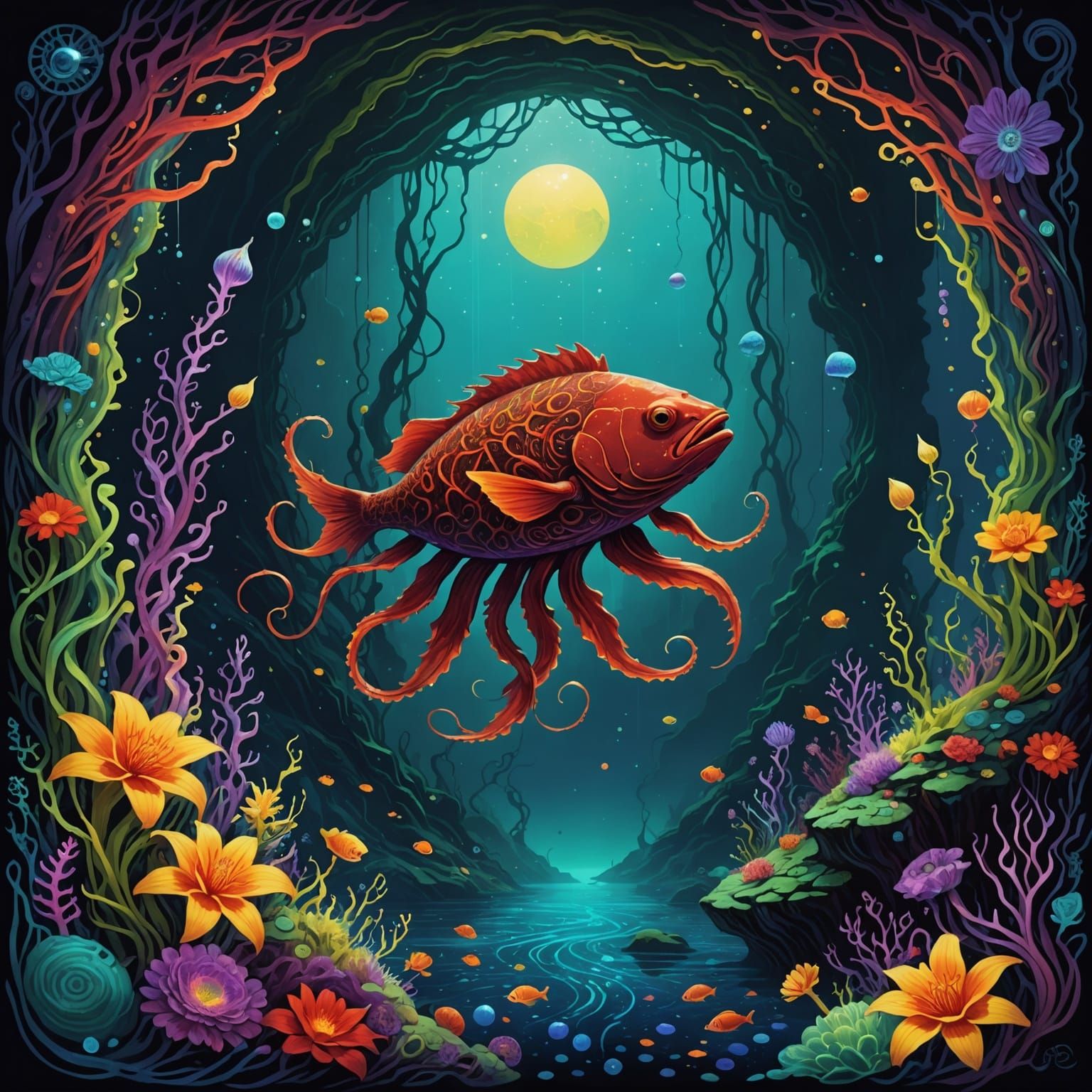 Bioluminescent Creature in Starry Abyss, Surreal Art