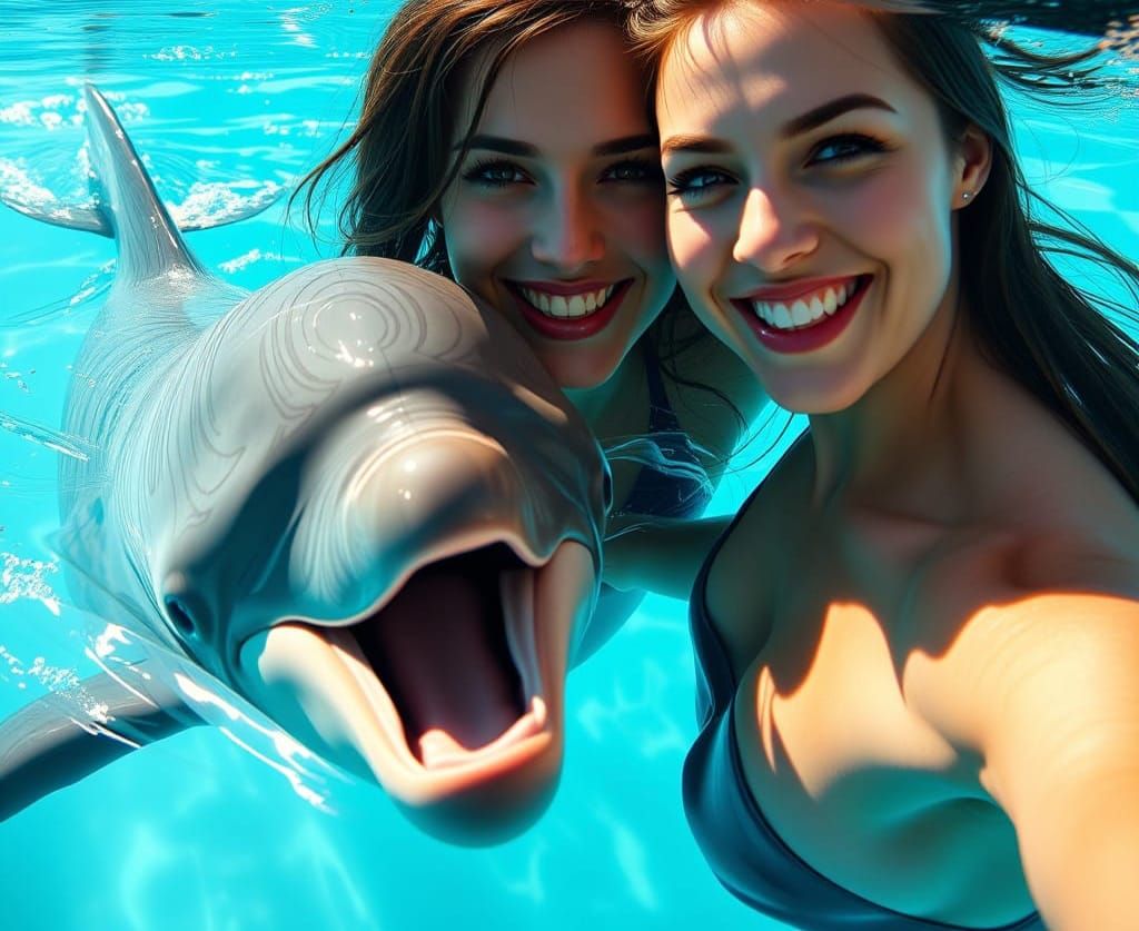 Hyperrealistic Woman Smiles with Dolphin Friend in Latex Swi...