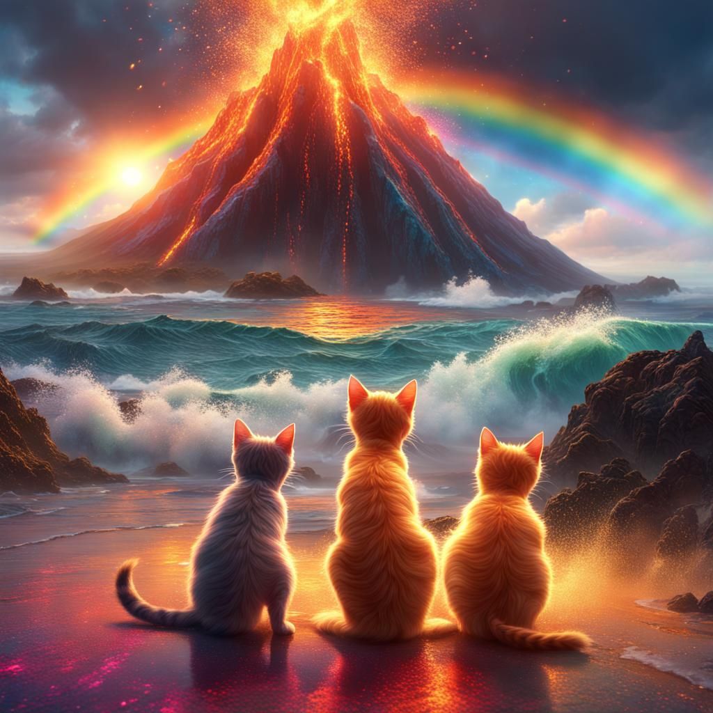 Volcano Kittens Eruption in Rainbow Glitter: Matte Painting