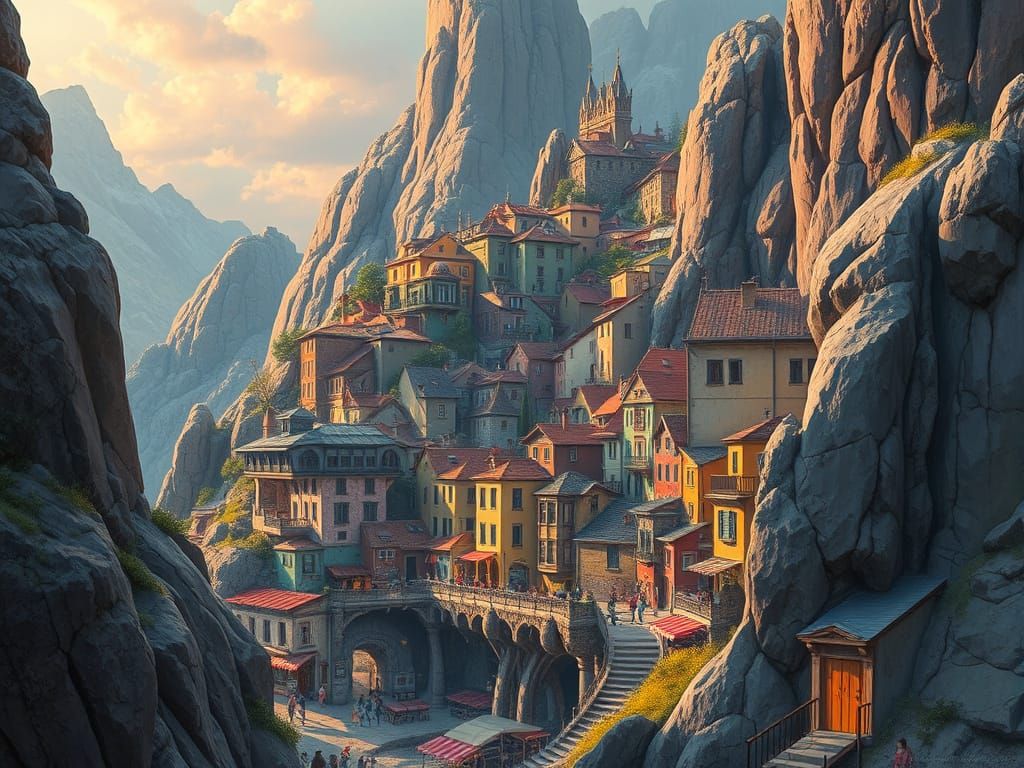 Vibrant Rocky Townscape in Cyberpunk Style