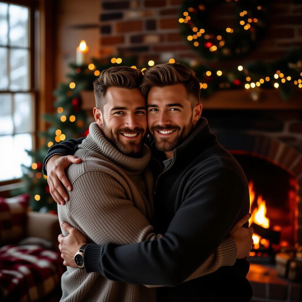 Two Men Hugging by Fireplace in Cinematic Holiday Scene