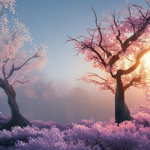 Snowy Sakura Tree at Sunset: Digital Matte Painting