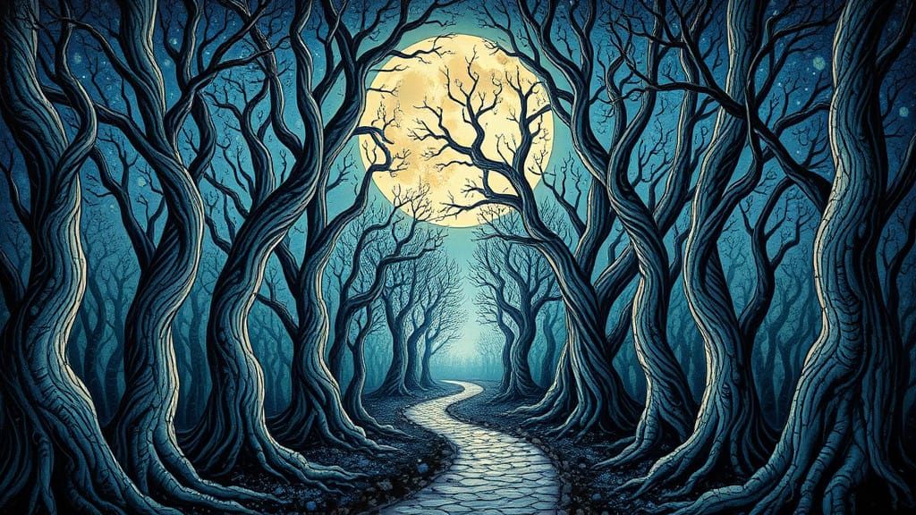 Surreal Forest Scene with Glowing Pathway in Rich Blues and...