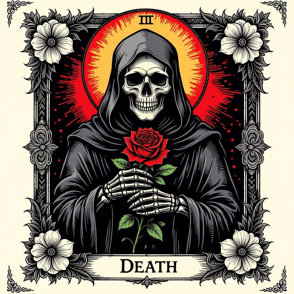 Gothic Death Tarot Card with Red Rose