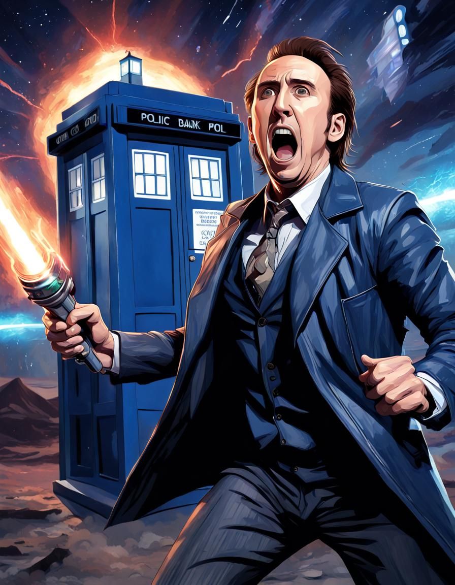 Nicholas Cage Screaming with Sonic Screwdriver in Anime Styl...