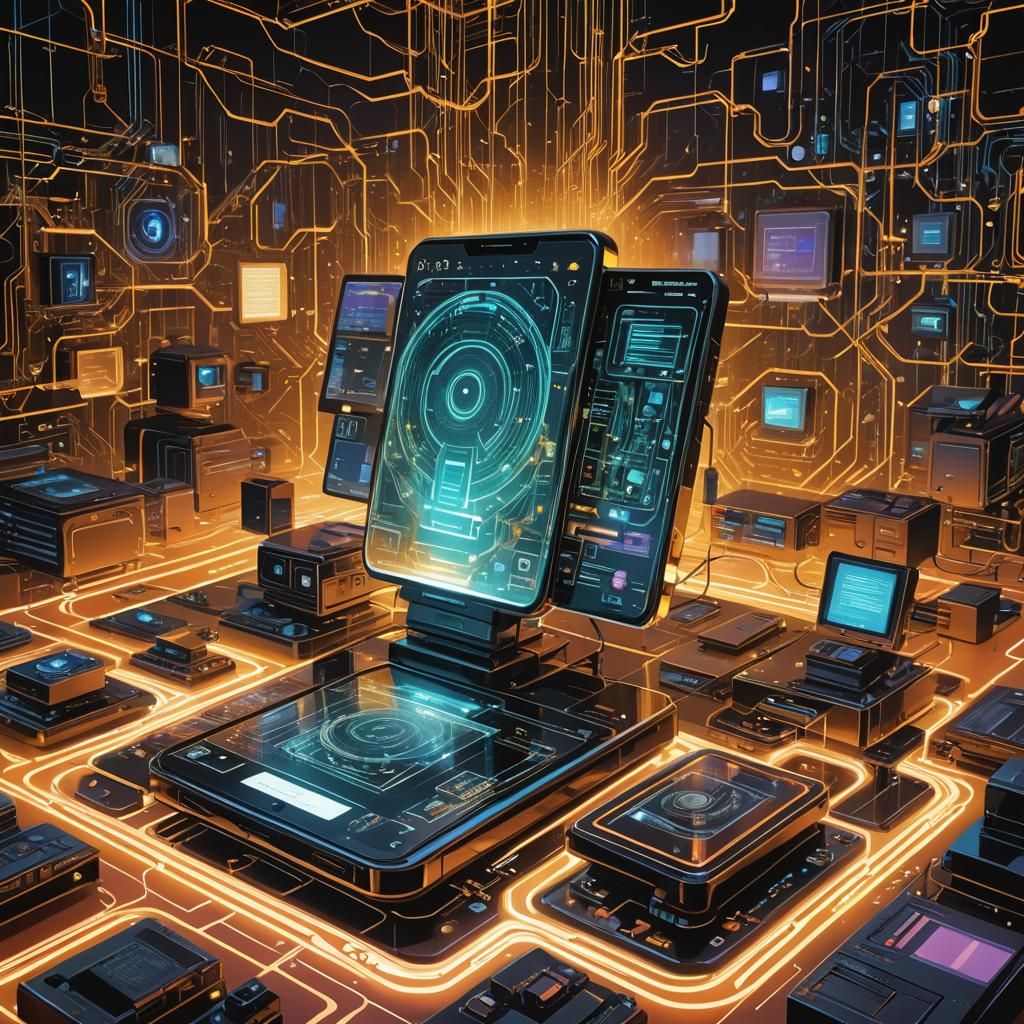 Interconnected Devices in a Digital Network, Syd Mead Style