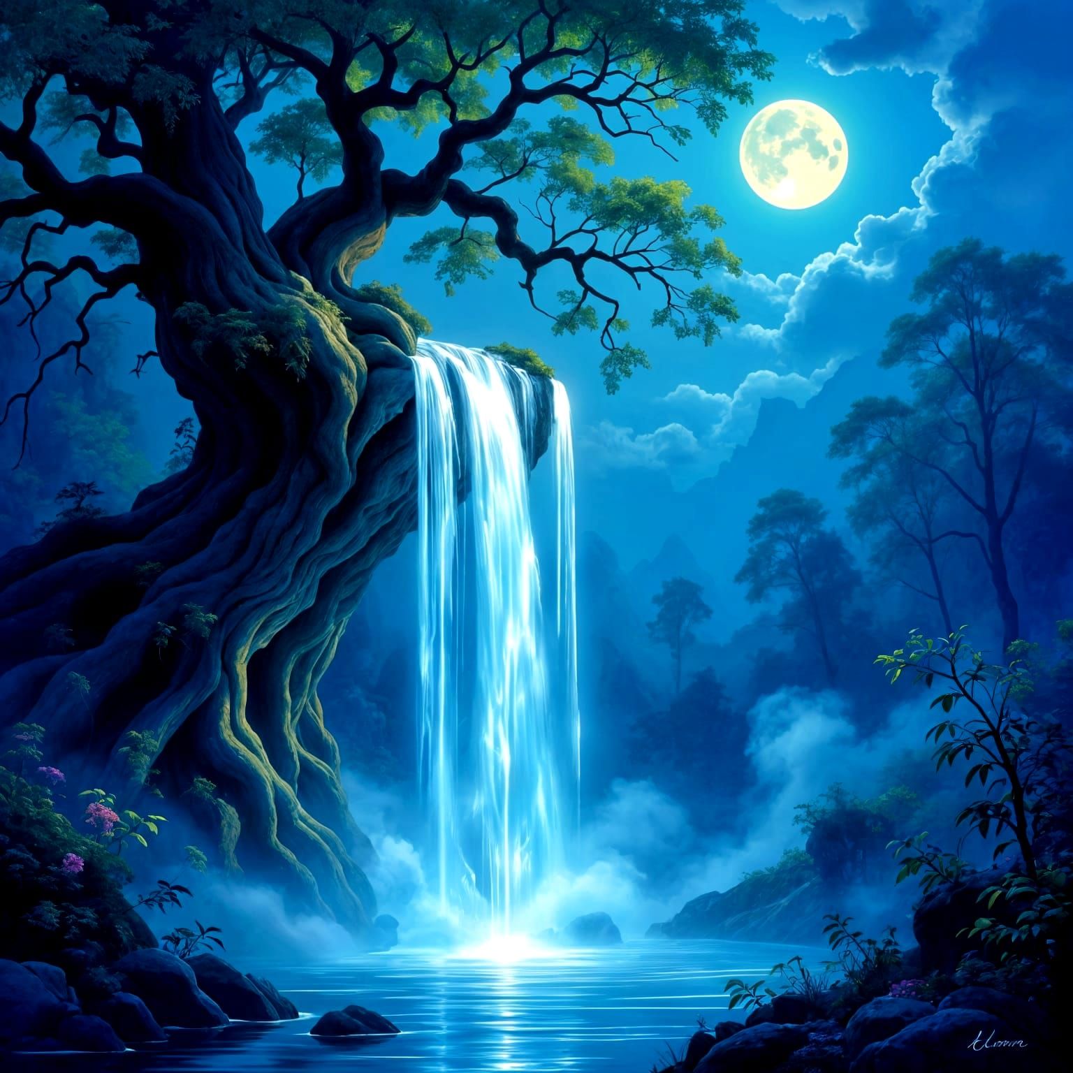 Ethereal Waterfall of Light in Enchanted Forest