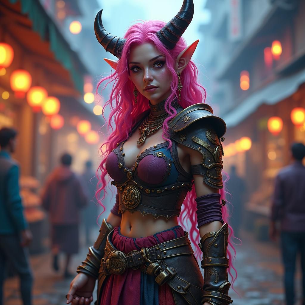 Tiefling Bard with Broken Horn in Fantasy Night Market