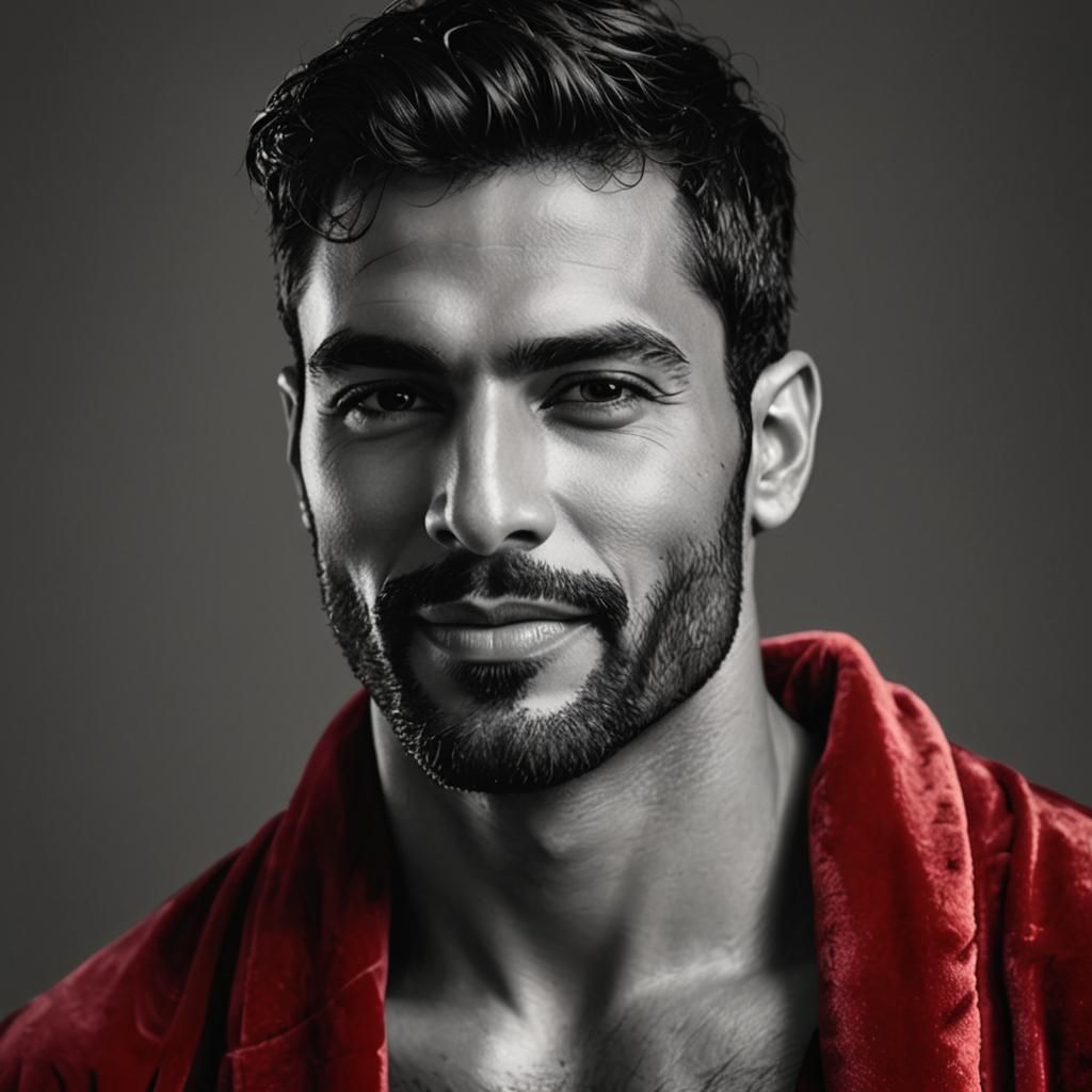 Smiling Man in Red Velvet Robe, Impasto Oil Painting