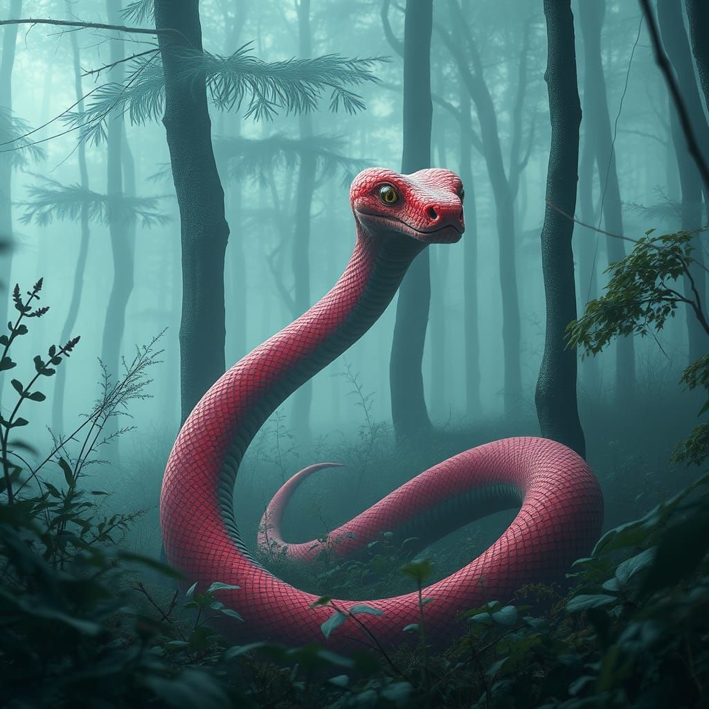Vibrant Red Snake in Misty Forest, Organic Style