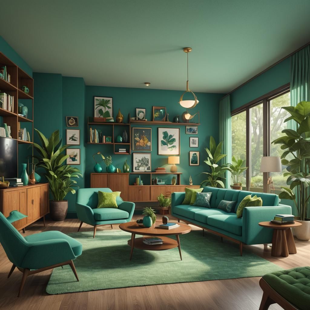 Cartoon Mid-Century Modern Living Room in Teal and Green