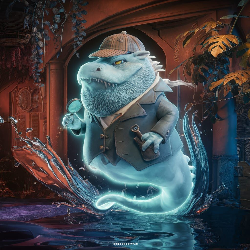 Ghostly Bearded Dragon Detective in Fantastical World
