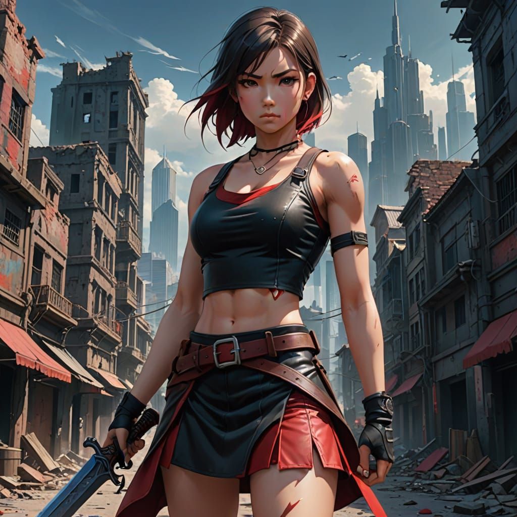 Warrior Woman in Ruined Cityscape