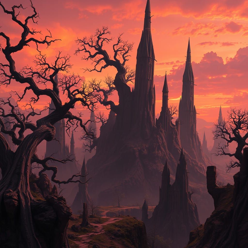 Surreal, Ancient Fantasy World Unfolds in Burning Orange Twi...